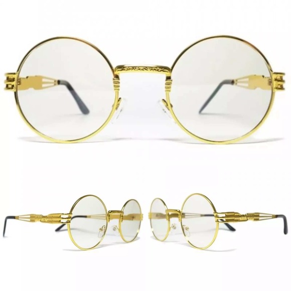 Gold Round Frame Glasses Vintage Hip Hop Style Clear Lens Men's Fashion Trendy - Picture 7 of 7